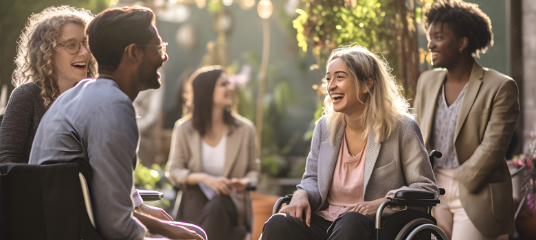 A group of people enjoying a garden discussion in the sun.