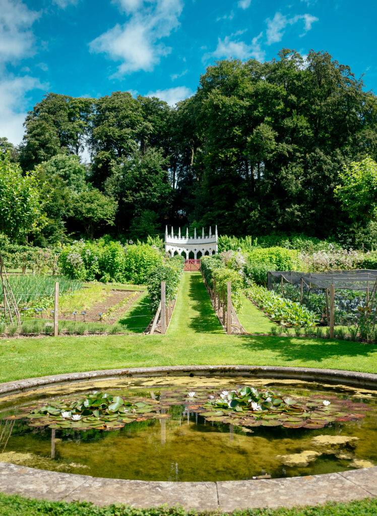 A view across the decorative water feature to the gardens beyond.