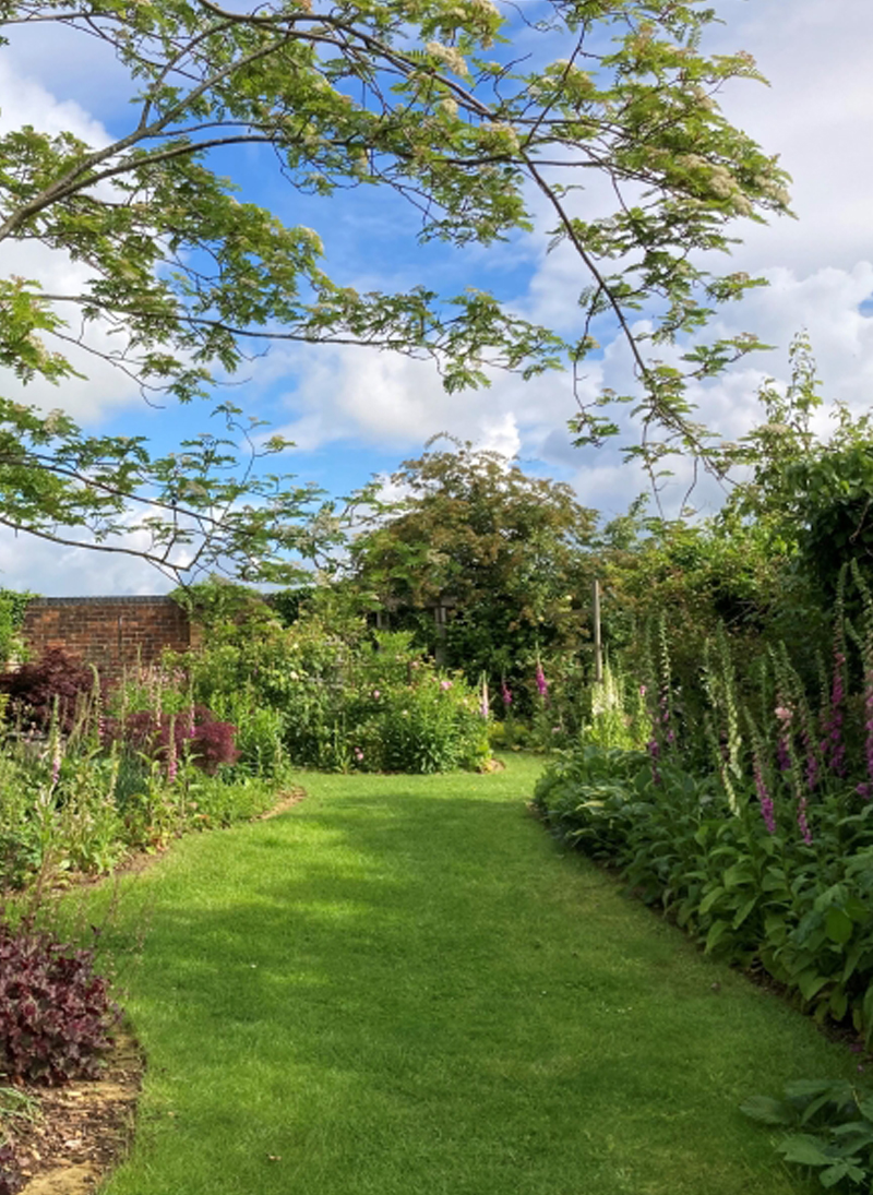 A view across the beautiful gardens with the lawn leading the eye.